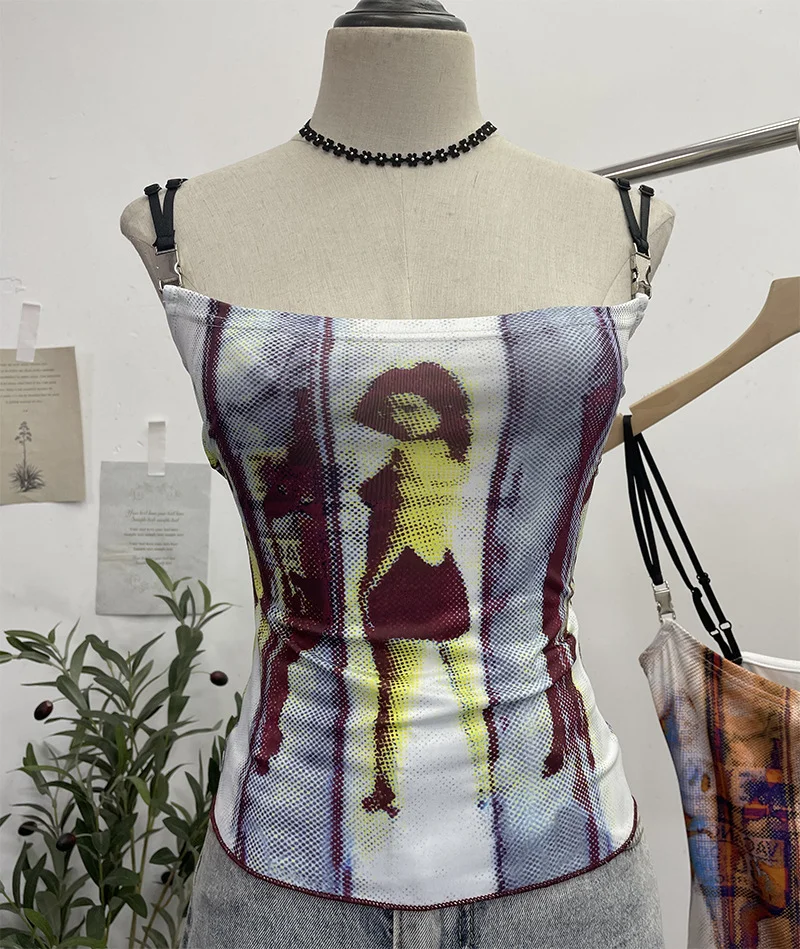 Uveng Sexy Hottie Shoulder Strap Small Print Slimming Sling Vest Short Sleeveless Top 8830