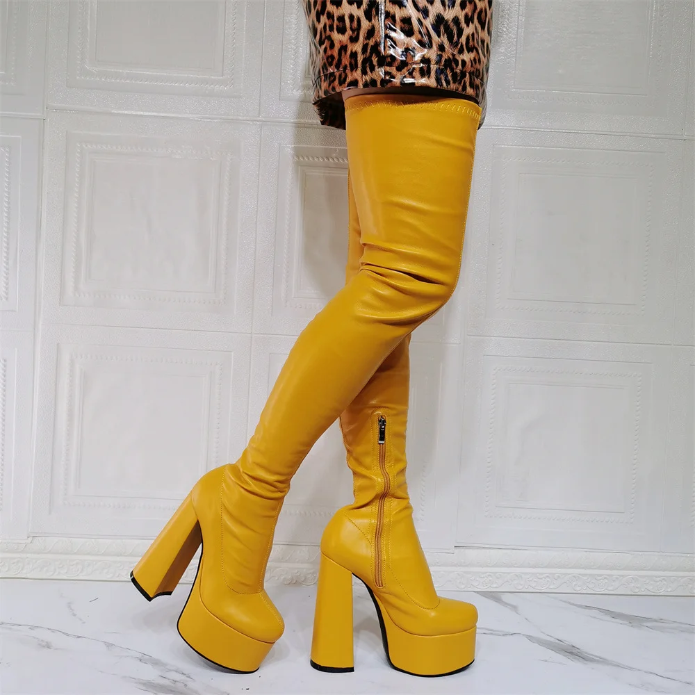Women's Fashion Yelllow Round Toe Platform Chunky Elastic Over The Knee Thigh Boots Novameme