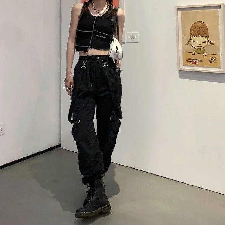UForever21 Back to School Cargo Pants Women Harajuku Black High Waisted Hippie Streetwear Kpop Oversize Mall Goth Wide Trousers For Female