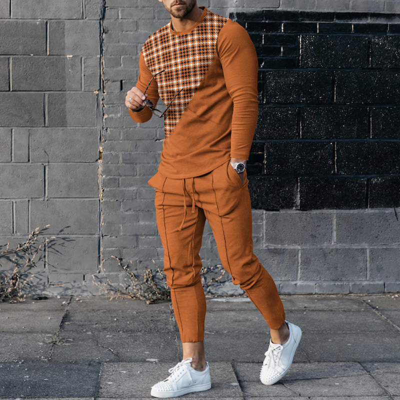 Men's Color Contrast Long Sleeve T-Shirt And Pants Two Piece Set