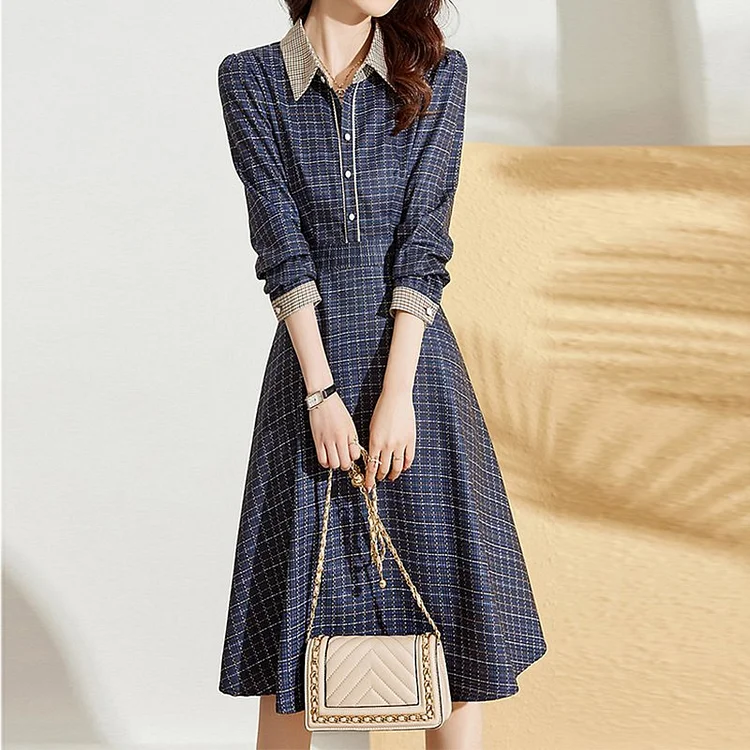 Blue Checkered/plaid Paneled Casual A-Line Dresses QueenFunky