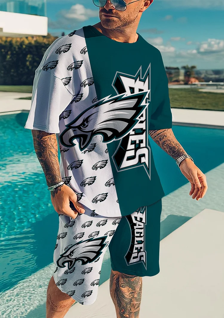 Philadelphia Eagles 2 Pieces Outfits Casual Zip Collared Shirt Beach Shorts  Set |