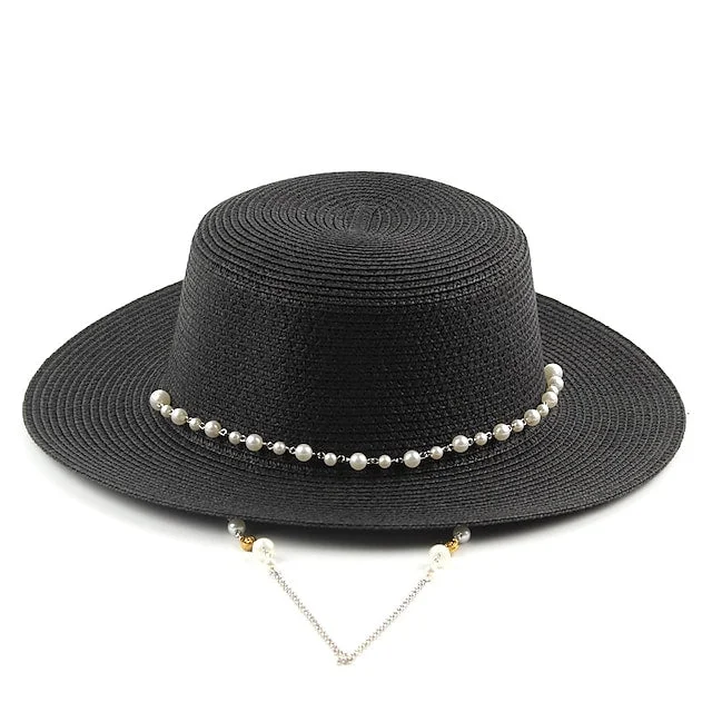 Women's Classic Straw Hat Party Pearl Beaded Pure Color Large Brim Elegent Hat