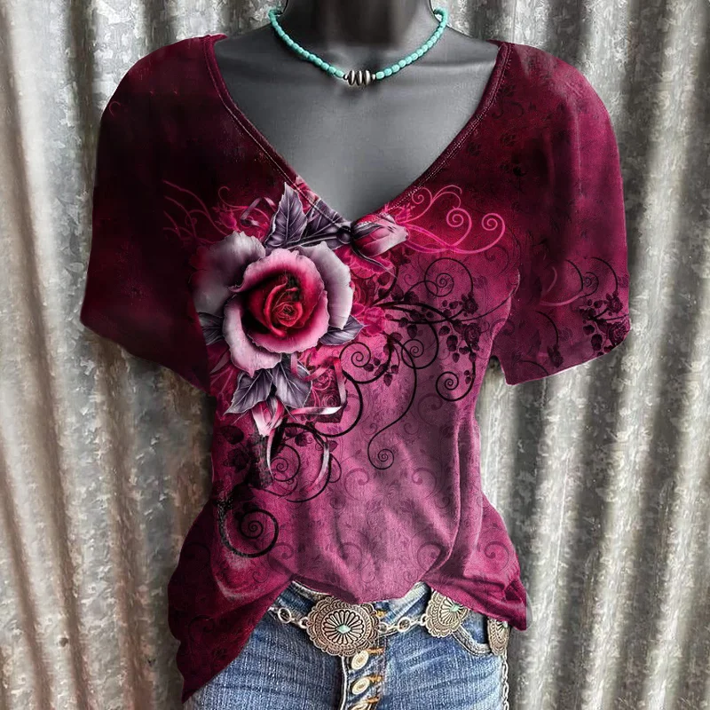 Fashion rose print gradient graphic tees