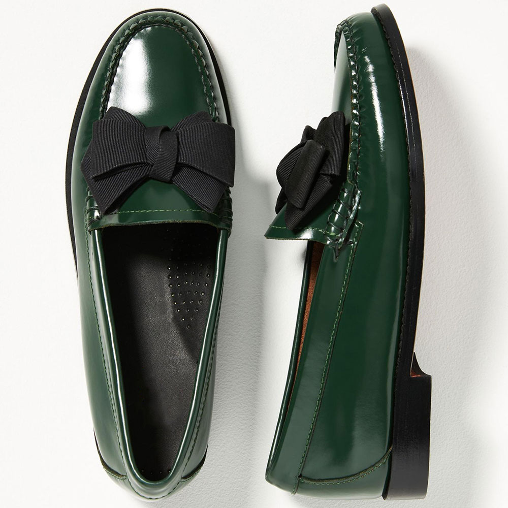 Casual Green Round Toe Flat Women's Loafers with Black Bow