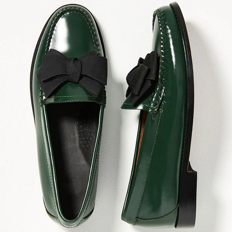 Green Round Toe Bow Detailed Slip-on Flat Loafers for Women |FSJ Shoes