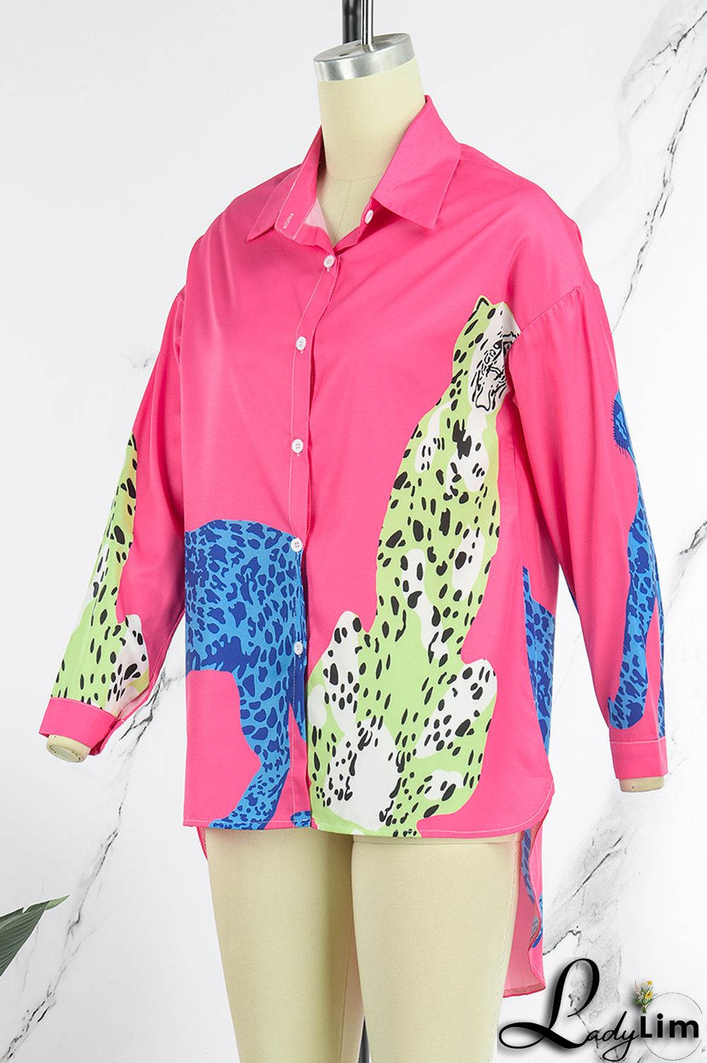 Rose Red Casual Street Print Patchwork Buckle Turndown Collar Tops