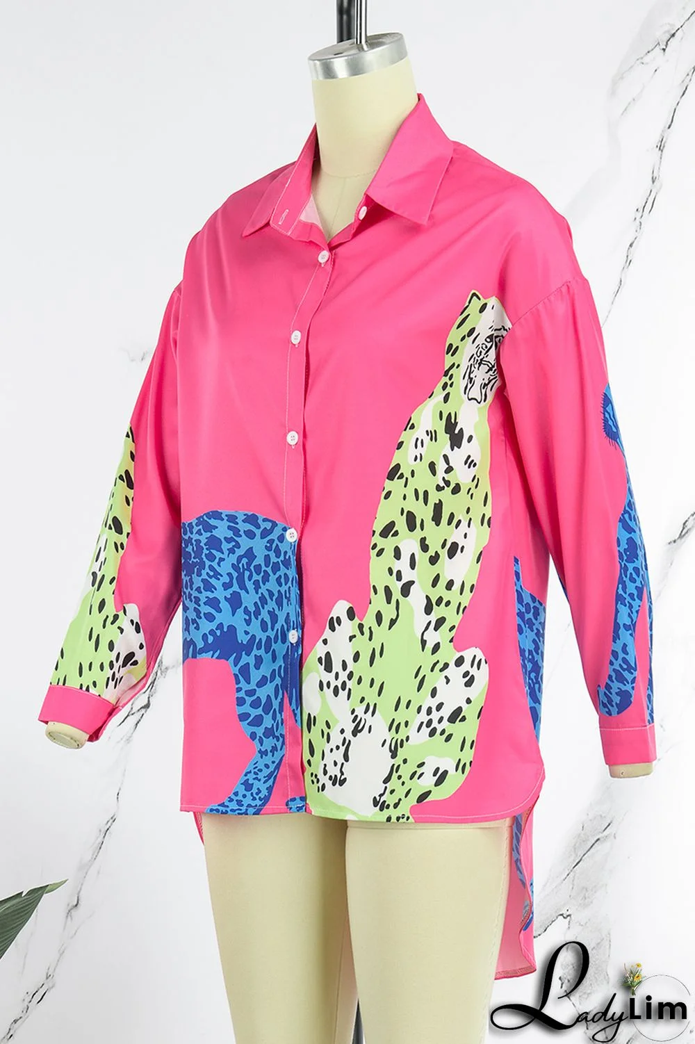 Rose Red Casual Street Print Patchwork Buckle Turndown Collar Tops