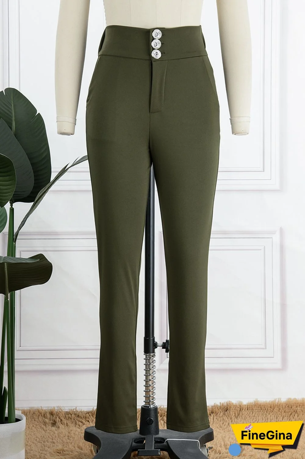 Black Casual Solid Buttons Regular High Waist Conventional Solid Color Trousers