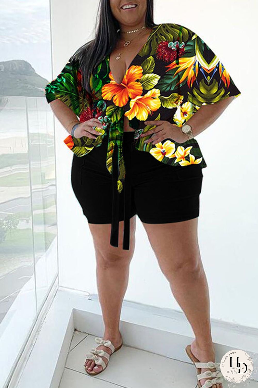 Blue Casual Print Bandage Split Joint V Neck Plus Size Two Pieces