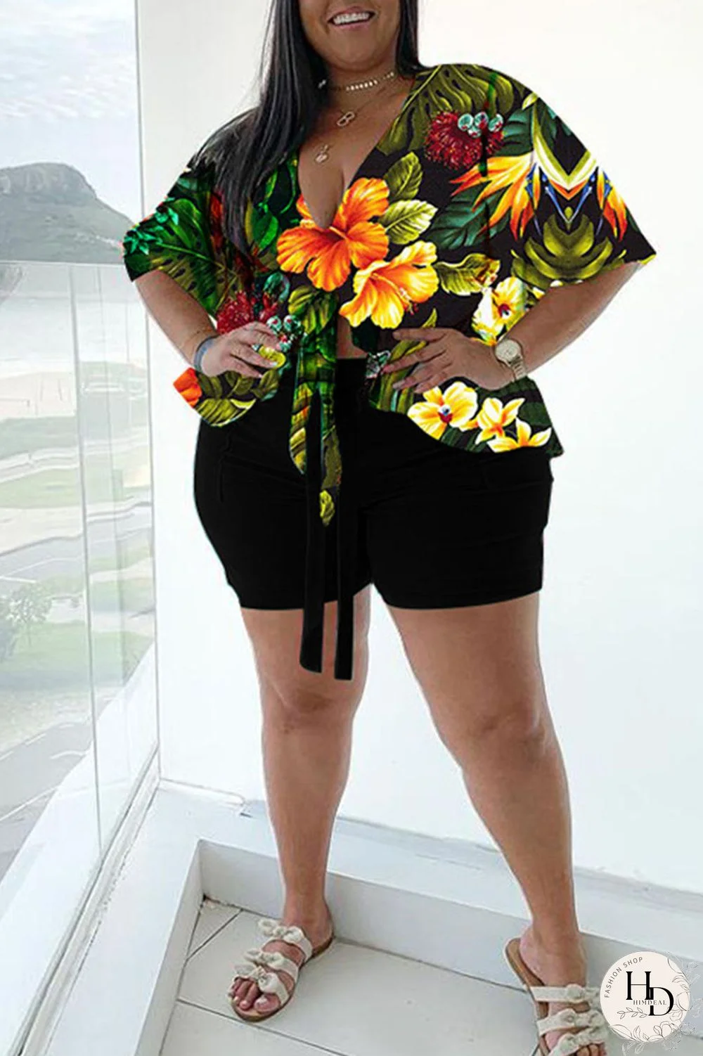 Blue Casual Print Bandage Split Joint V Neck Plus Size Two Pieces