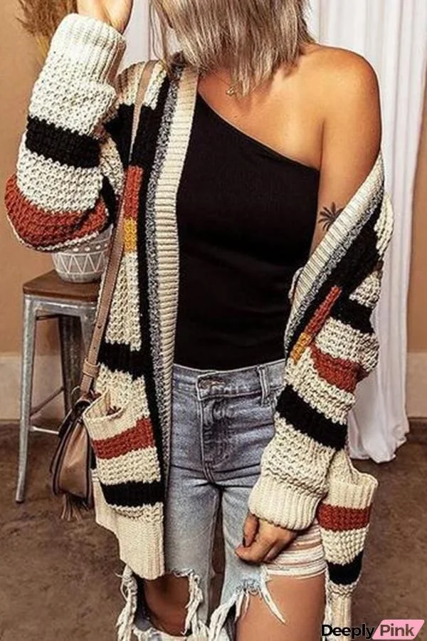 Striped Colorblock Pockets Cardigan