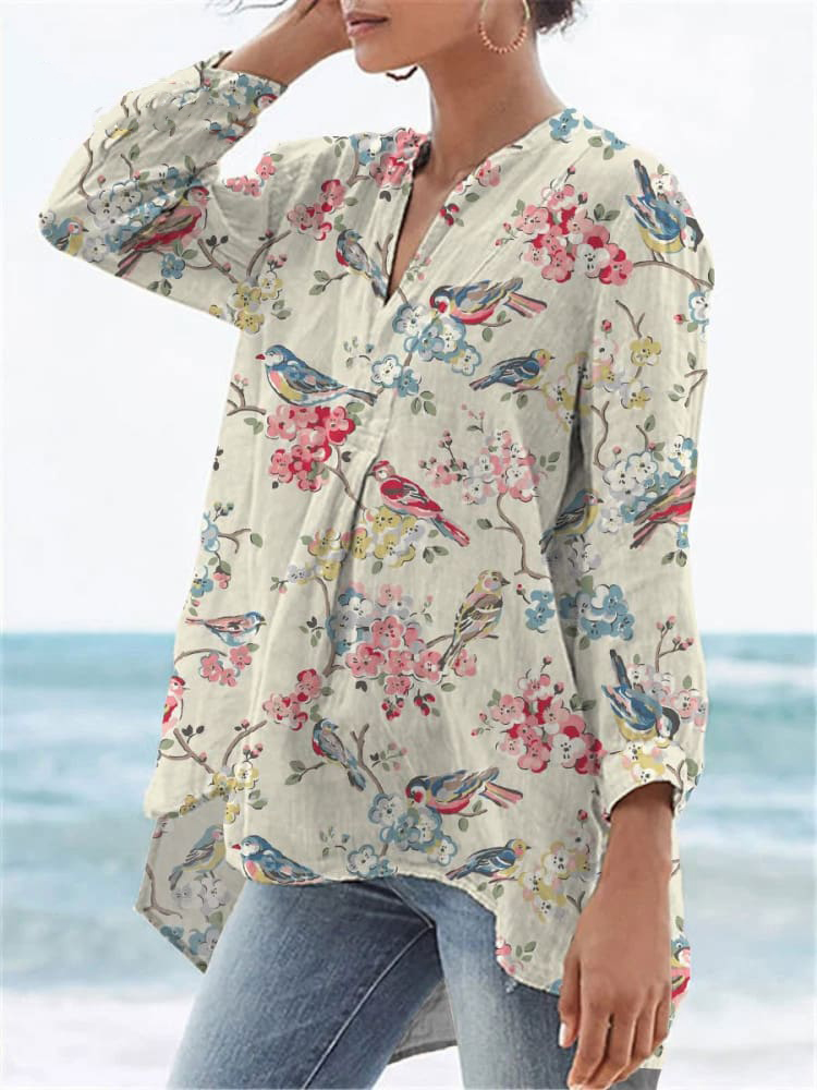 Women's  Flower Print Casual Linen V-neck Shirt