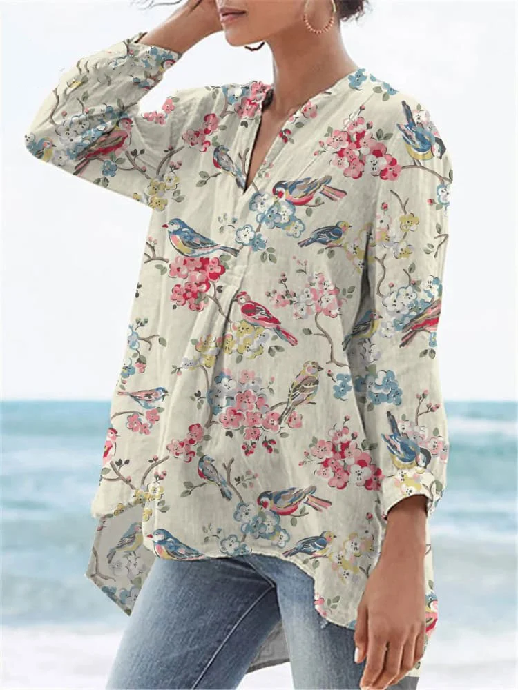 Women's  Flower Print Casual Linen V-neck Shirt