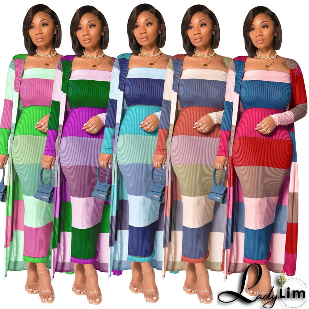 Plus Size Women Ribbed Print Colorblock Dress + Long Coat