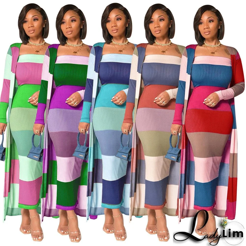 Plus Size Women Ribbed Print Colorblock Dress + Long Coat