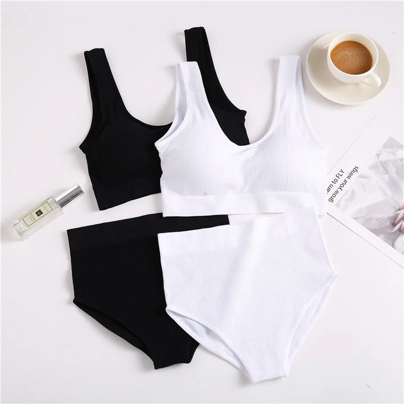FINETOO Seamless Tops Set High Waist Panties Women Wireless Underwear Suit Soft Padded Bras Set S-XL Backless Bralette Lingerie