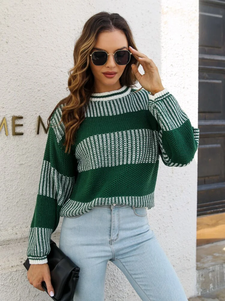 Fashion Tops Women New Autumn Winter Contrast Striped Sweater Loose Long Sleeve Knitting Pullover Streetwear Sweater Women
