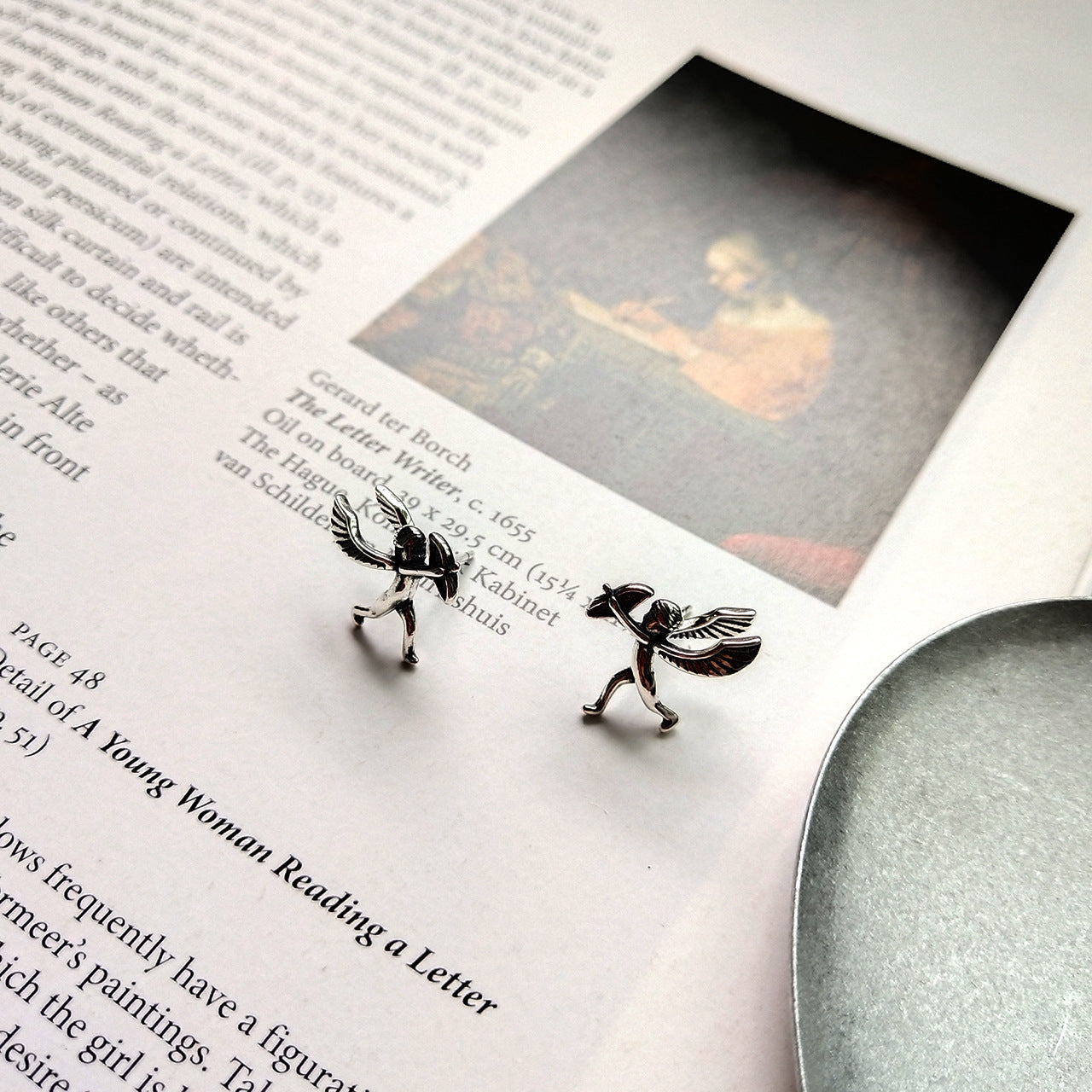 925 Sterling Silver Natural Angel Heart Silver Handmade Stud Earrings