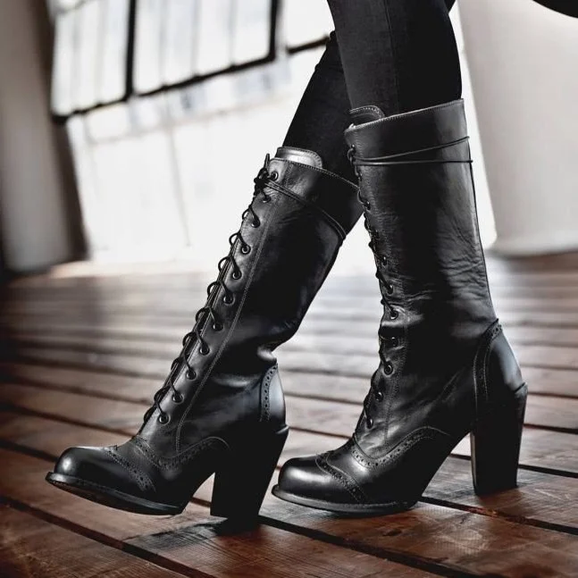 Black Vintage Victorian Inspired Lace Up Mid Calf Boots with Block Heel |FSJ Shoes