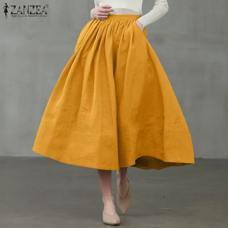 ZANZEA Women Vintage Skirts 2022 Summer Office Lady Midi Skirt Casual Solid A-line Pockets Zipper Oversized Cotton Linen Skirts