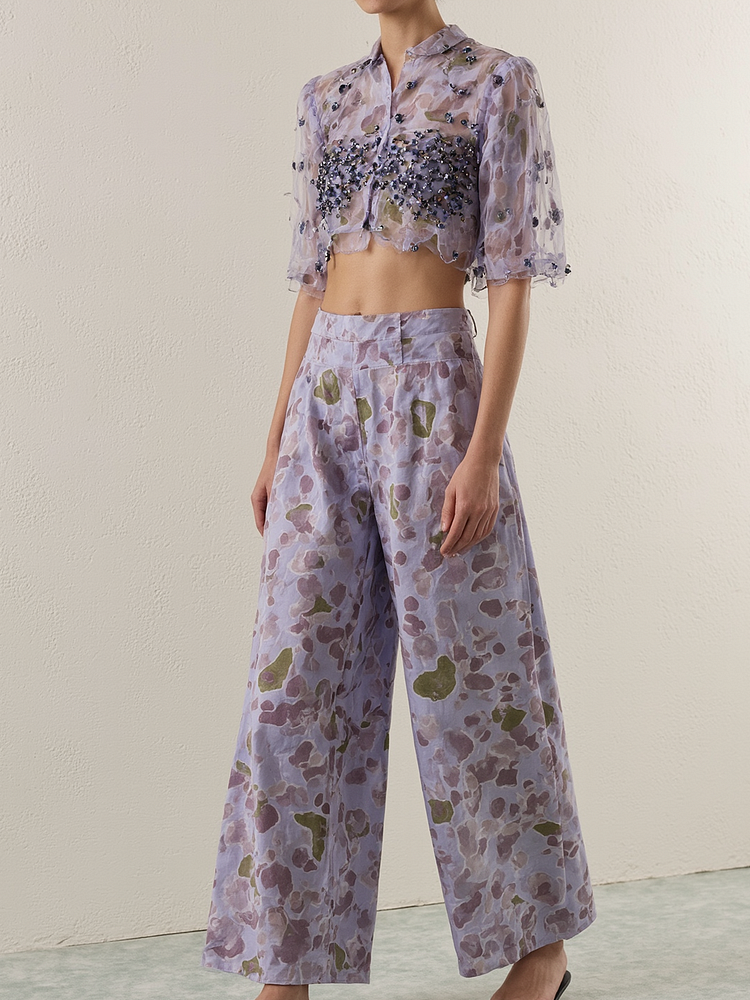  Printed Heavy Beaded Top & High Waist Pants Set