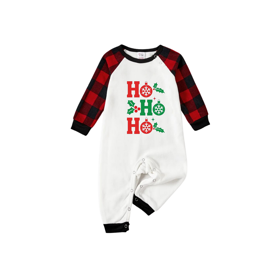 "HO HO HO" Letter Christmas 2024 White Long Sleeve Top with Red & Black Plaid Family Matching Pajamas