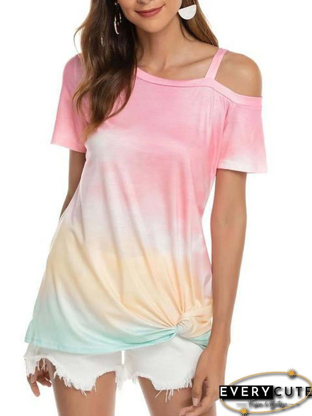 Gradient Color Cold Shoulder Twisted T-Shirt