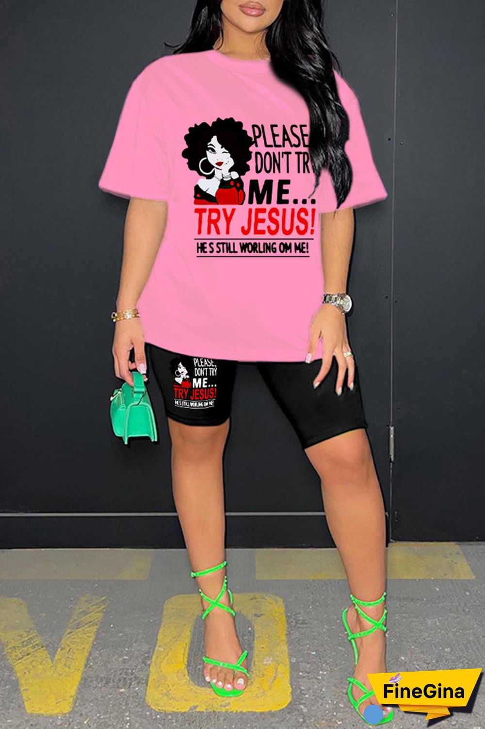 Pink Casual Print Basic O Neck Short Sleeve Two Pieces