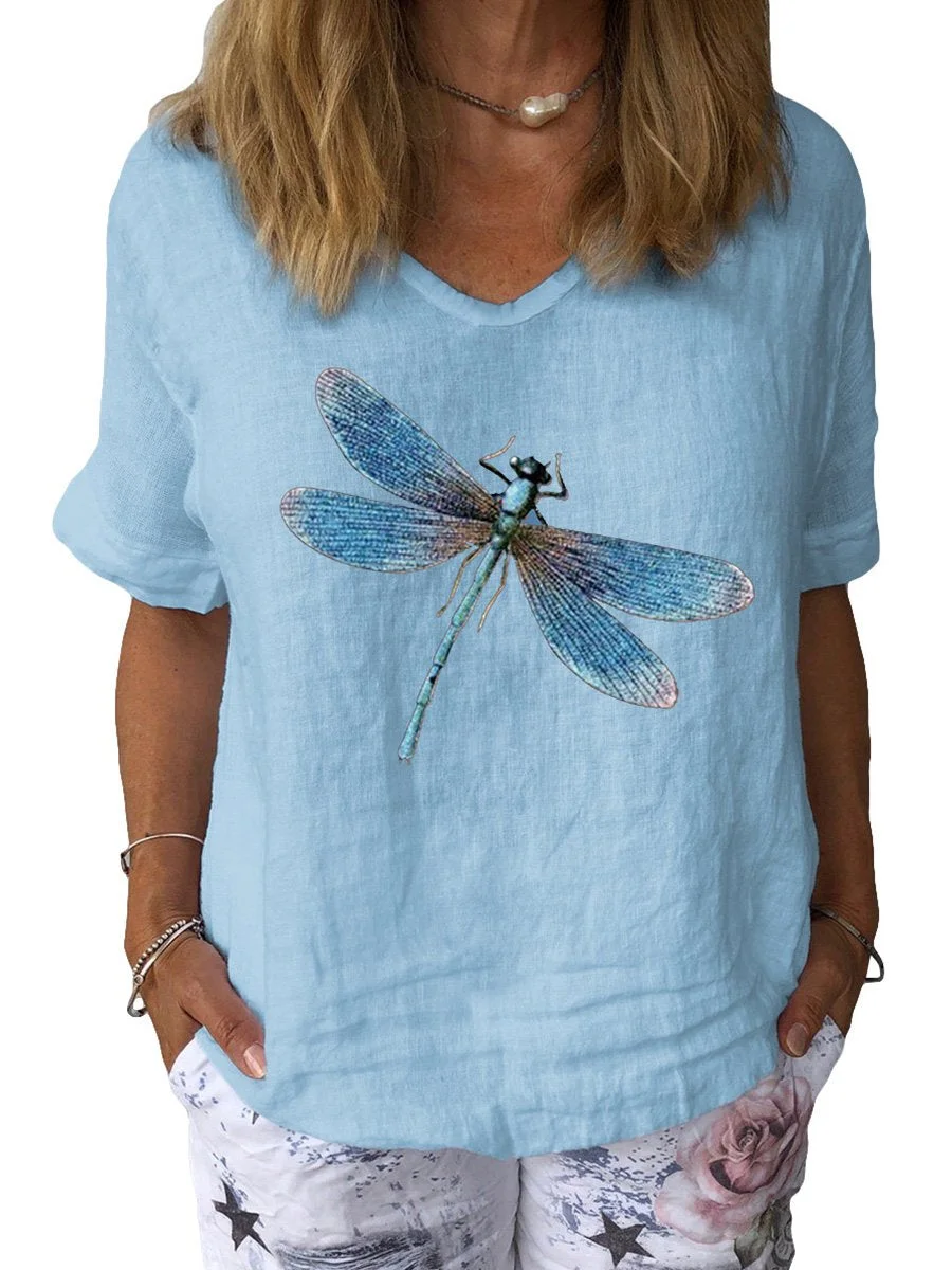 Women's Dragonfly Art Print Cotton & Linen  Casual Top