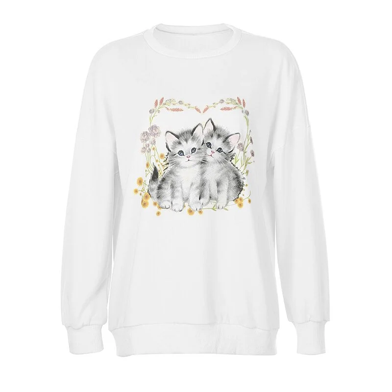 Cat Printed Hoody Women Tops Y2K  Aesthetics Oversize 90S Crew Neck Hoodies Female Retro Pullover Sweatshirts