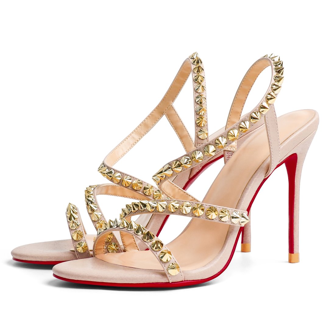3.94'' Women Slingback Open Toe Rivets Sandals Ankle Buckle High Heel Summer Red Bottoms Nude Shoes-MERUMOTE