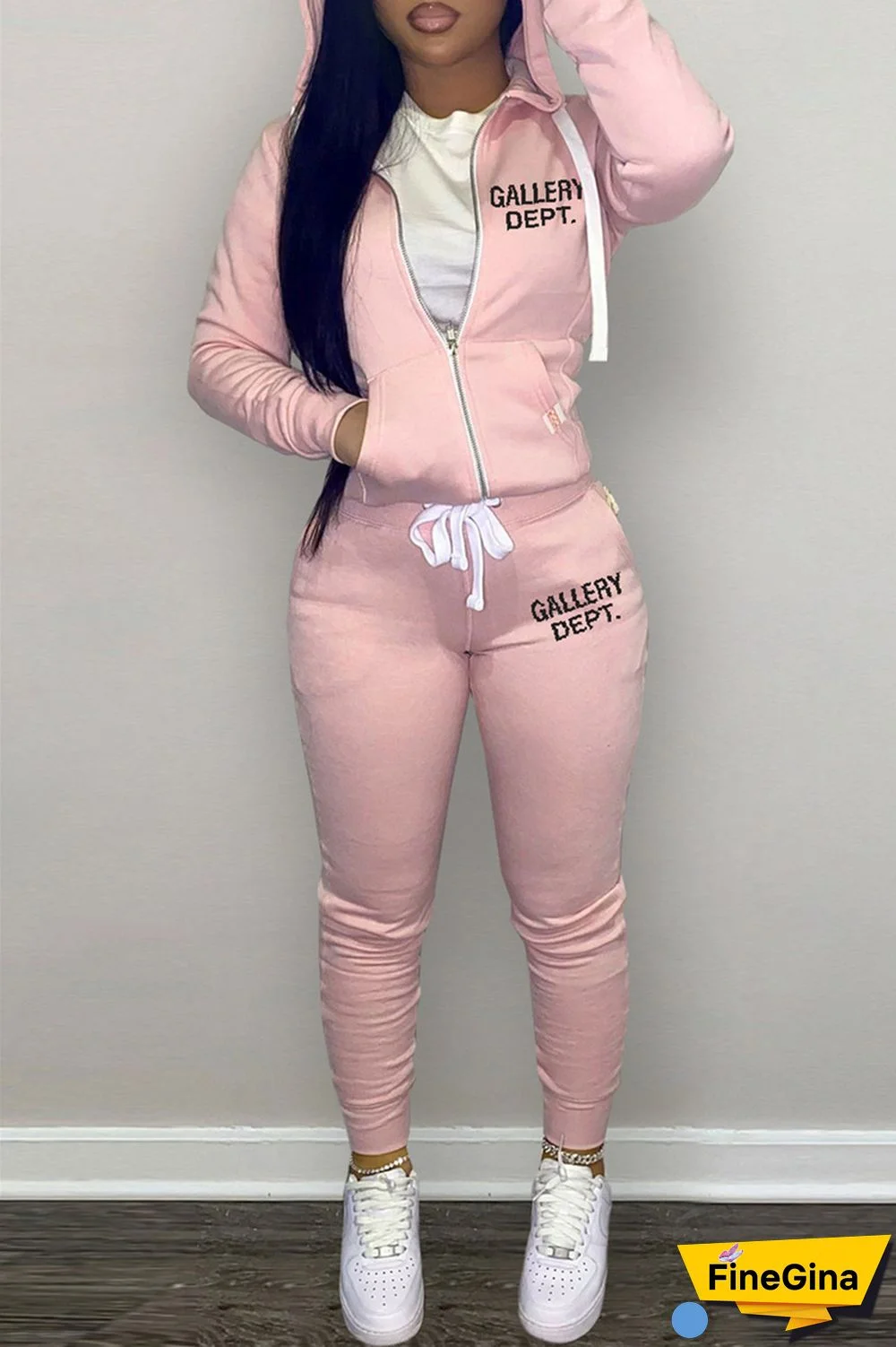 Grey Casual Letter Print Patchwork Hooded Collar Long Sleeve Two Pieces