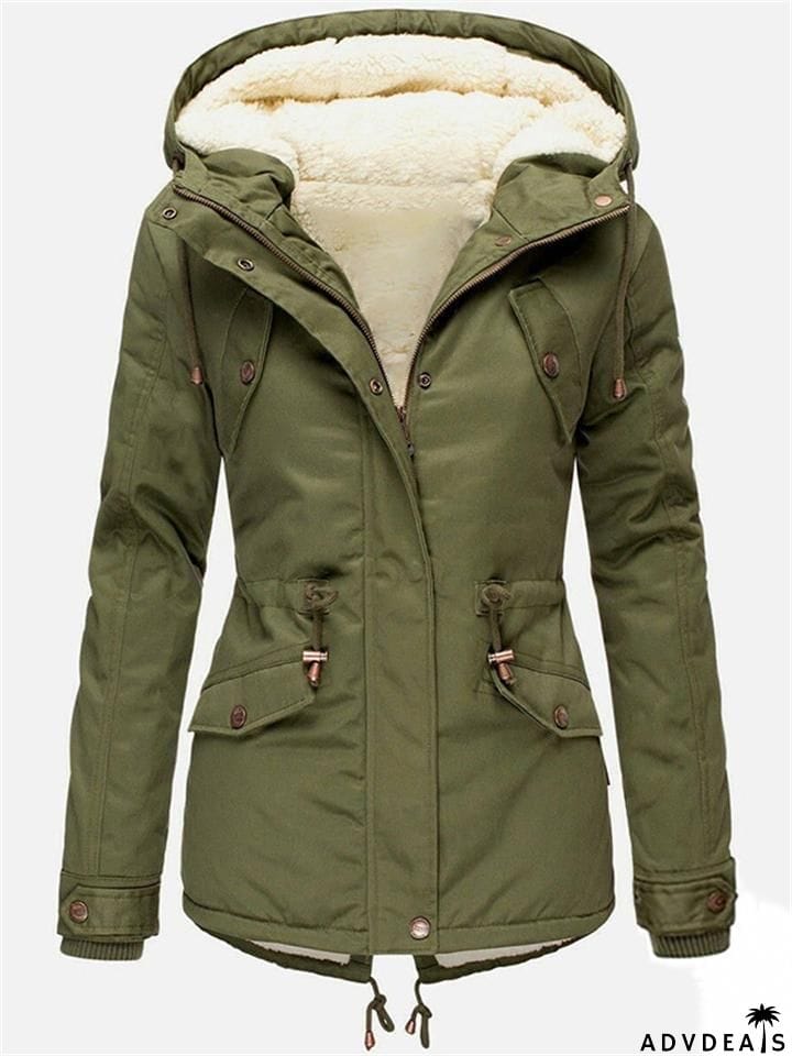 Cozy Fur Lining Full Zipper Waist Drawstring Pocket Hooded Coat