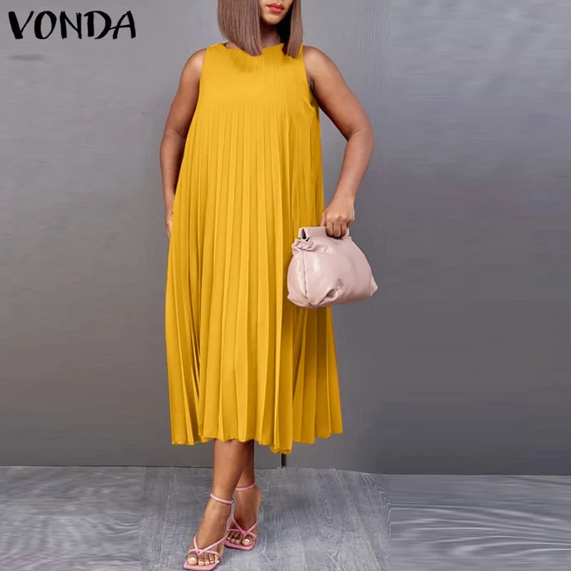 Women Sleeveless Dress 2022 VONDA Holiday Sundress Vintage Round Neck Tunic Dress Beach Casual Solid Color Vestido Robe Femme