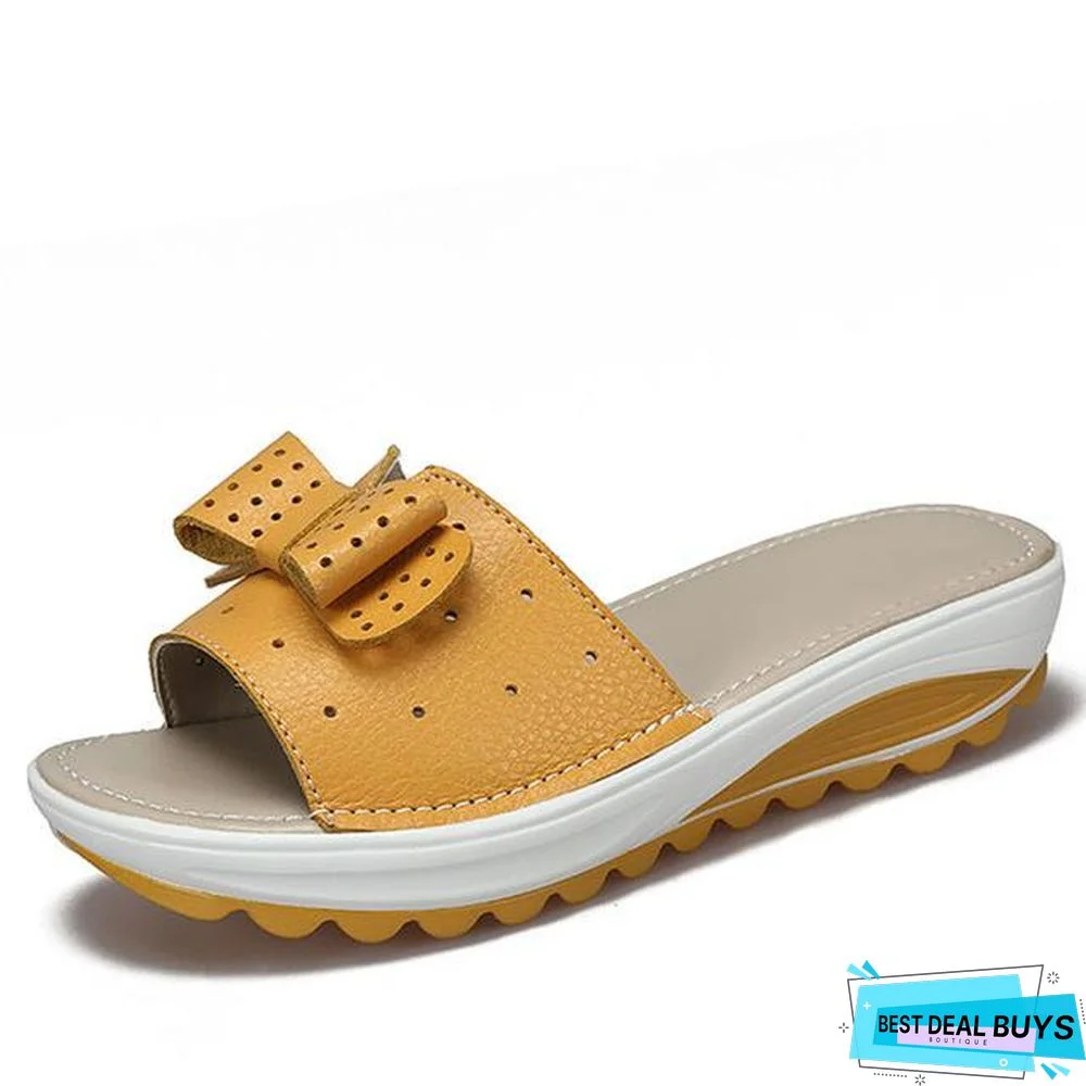 Summer Women Butterfly Knot Pu Leather Cut Out Flat Heels Slippers Sandals