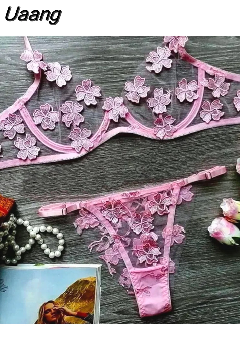 Uaang Sensual Lingerie Set Women 3d Flower Embroidery Underwear Set