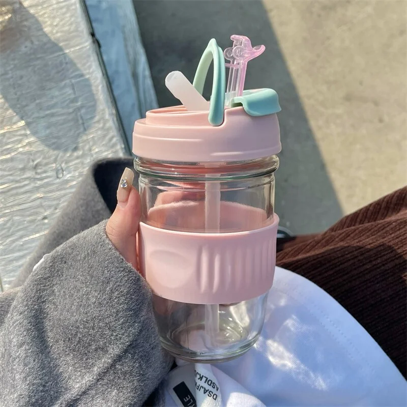 Kawaii Glass Bottle With Straw For Drinks Water Milk Coffee Tea Juice Cute Korean Portable Insulated Drinking Bottle For Girl