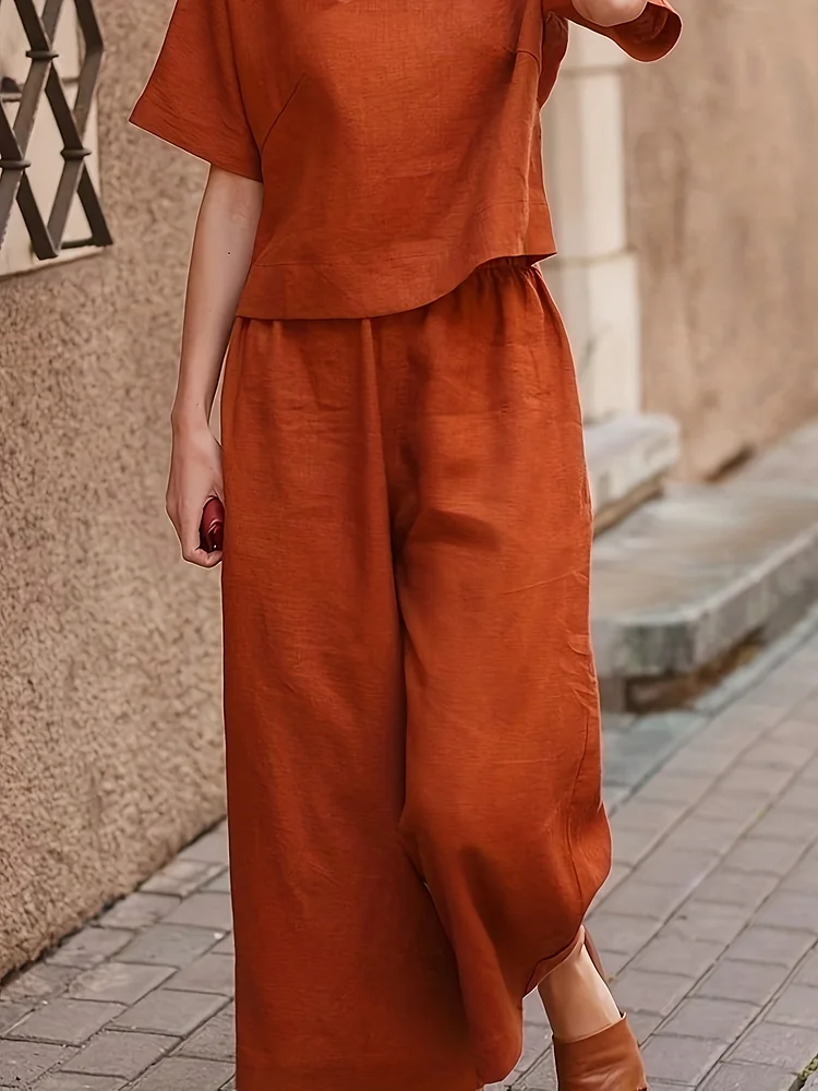 Women's Casual Solid Color Short Sleeve Sports Set, Loose Fit, All-Season, Crew Neck, Regular Sleeve, With Contrast Collar, For All Season