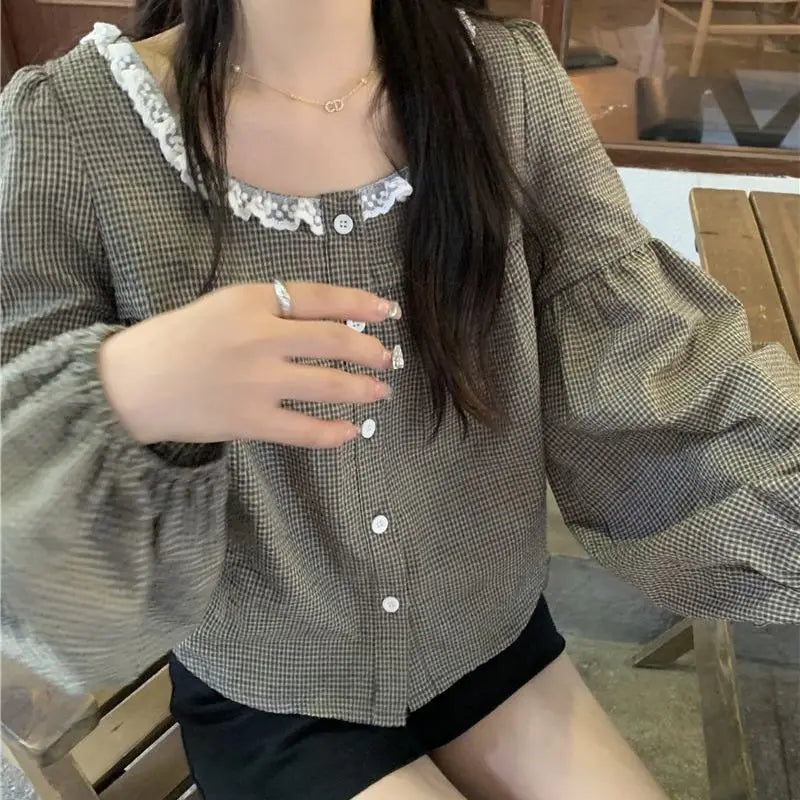 Chic Spring Design Retro Checkered Square Collar Long Sleeve Shirt Lazy Style Sweet Aging Chic Top Women's Shirts Aiertu