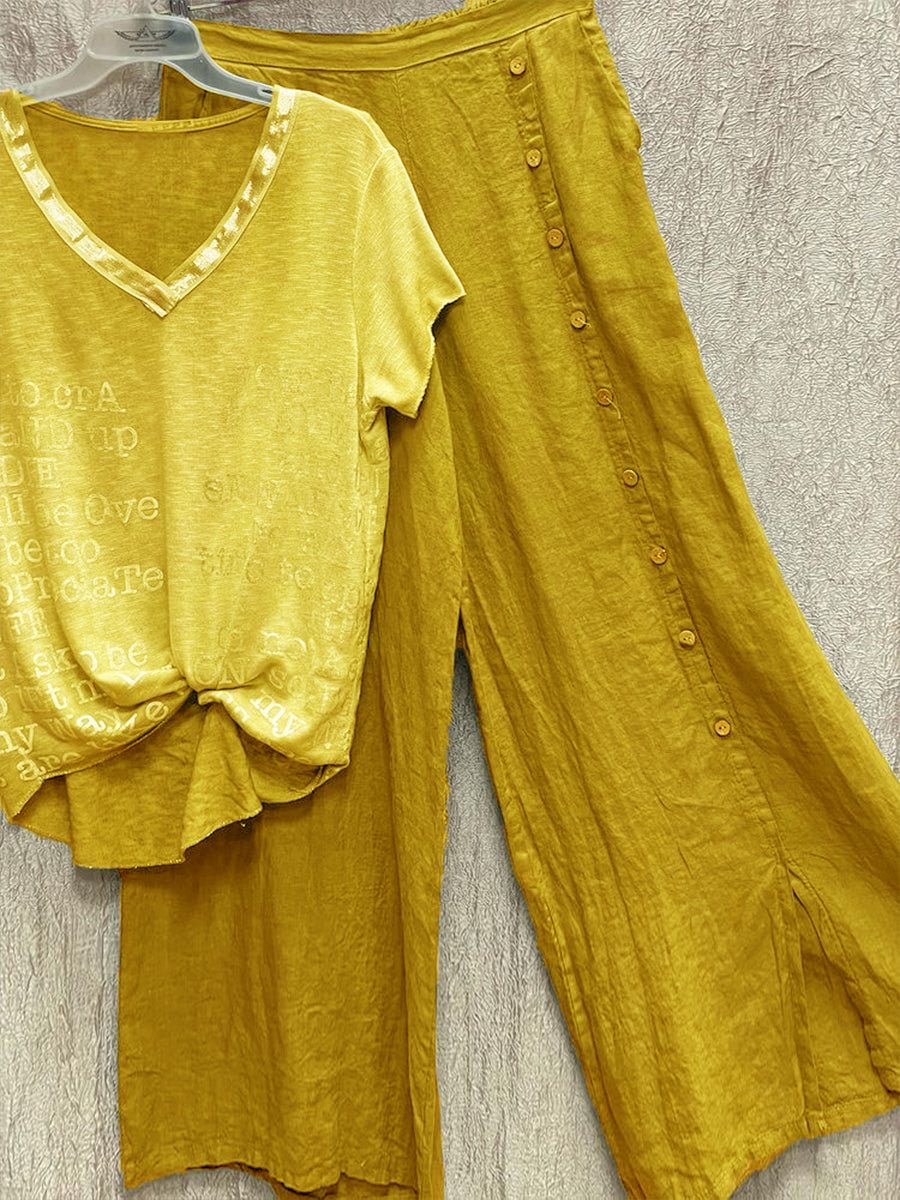 Printed V Neck Casual Top And Pants Two Piece Set