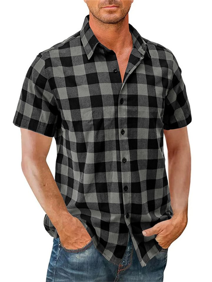 Men's Fashion Casual Lapel Shirt Men's Short-sleeved Shirt Men's Shirts Breathable Wearable Plaid Shirt Cardigan-Hoverseek