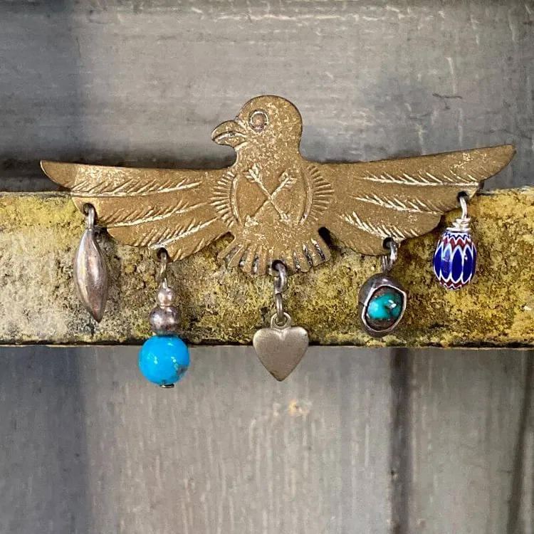 Old Navajo Brass Eagle Pin with 5 Charm Fred Harvey Era