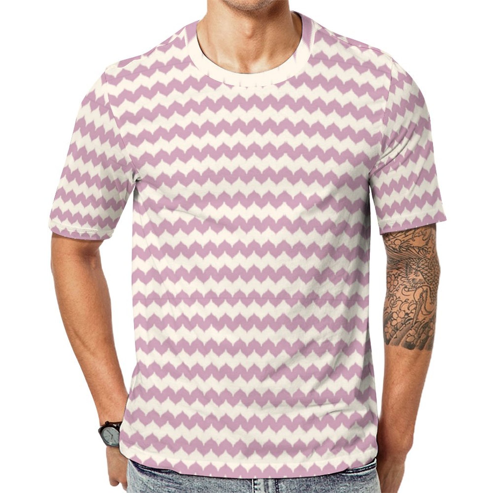 Pink Cream Ikat Chevron Wave Short Sleeve Print Unisex Tshirt Summer Casual Tees for Men and Women Coolcoshirts