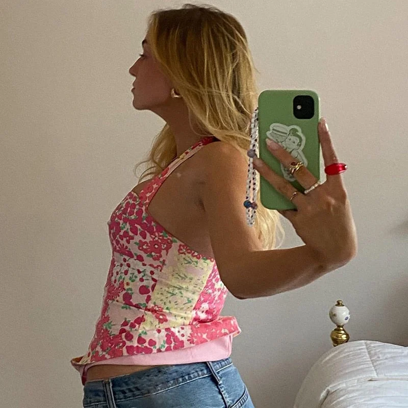 Rapcopter Floral Halter Top Pink Aesthetic Camis Backless Beach Corset Top Women Summer Sweats 2021 New Mini Vest Streetwear 90s