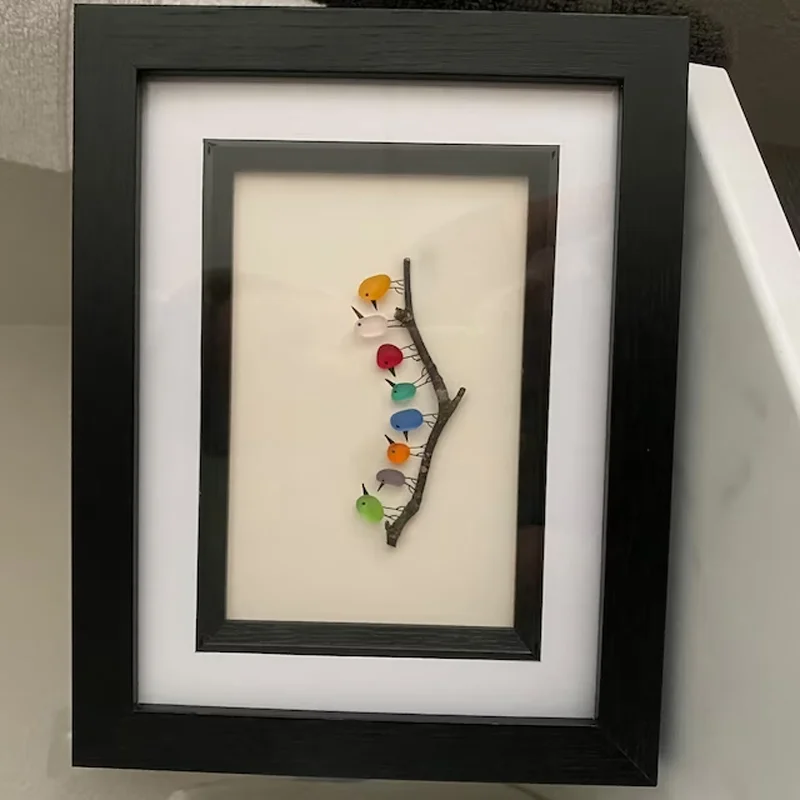 Sea Glass Rainbow Birds - Sea Glass Art- Sea Glass & Driftwood Picture - Framed Unique Handmade