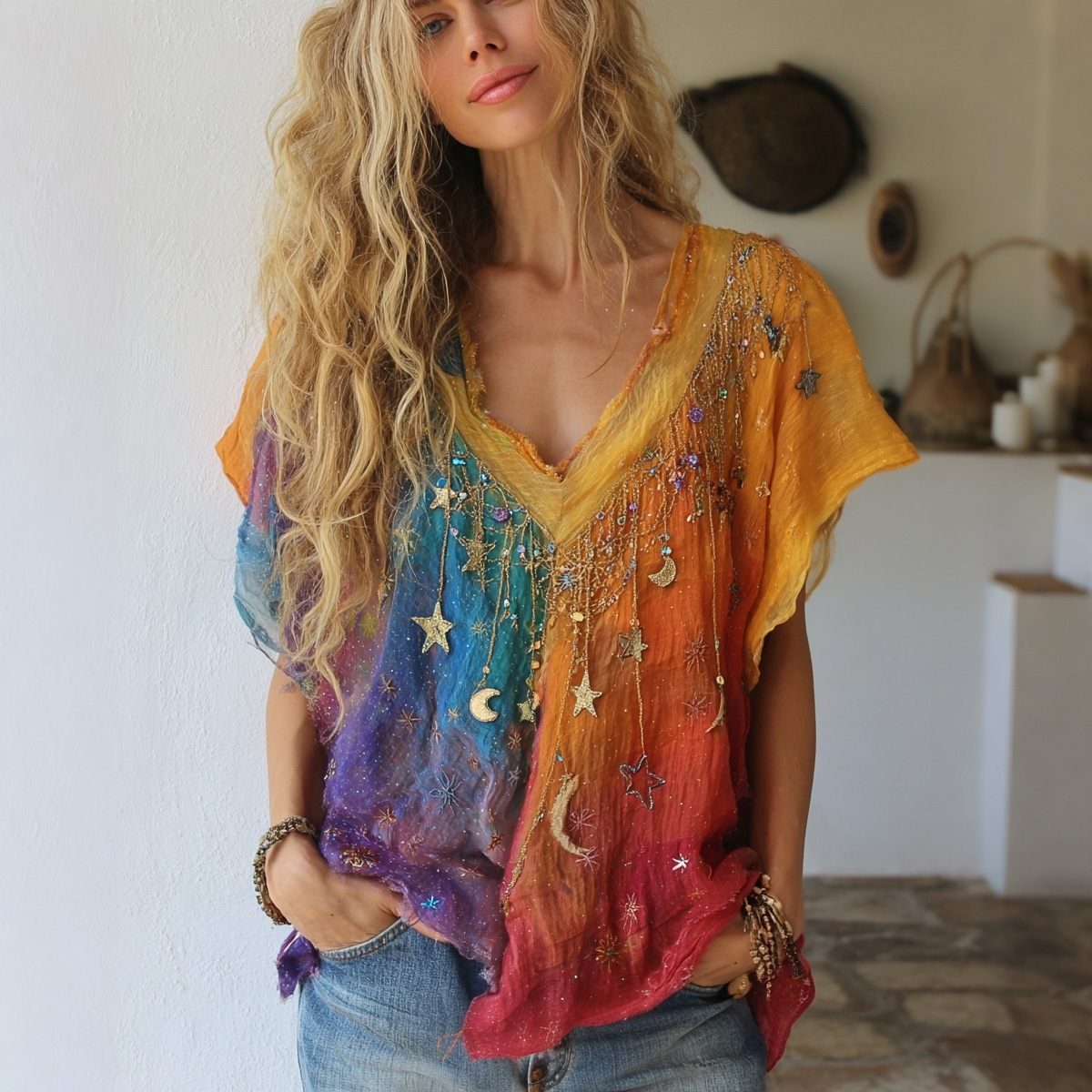 Comstylish Women's Vintage Hippie Star Moon Gradient Art Flowy Short Sleeve V Neck Tops