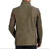 Men Vintage Stand Collar Suede Blazer Side Zip Fly Contrast Leather Webbing Medium Length Jacket Coats by Inlyline