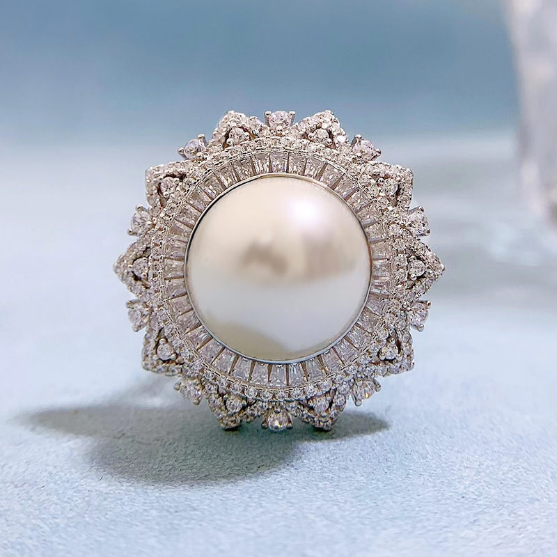 MIKAMU S925 Silver 14mm Pearl Ring - Elegant and Sophisticated Women's Jewelry