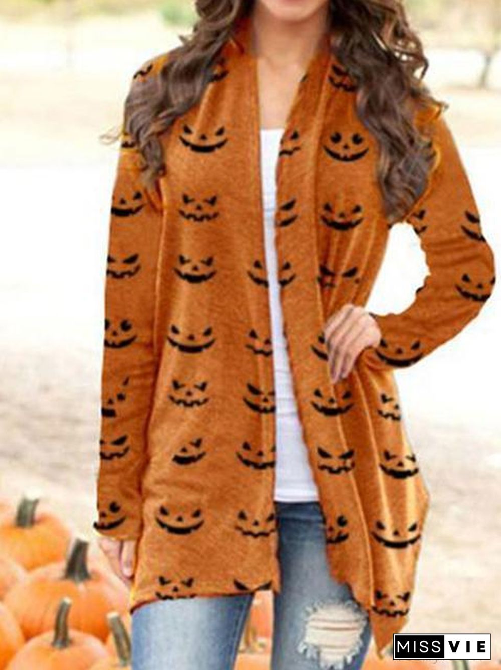 Halloween Pumpkin Face Print Cardigan
